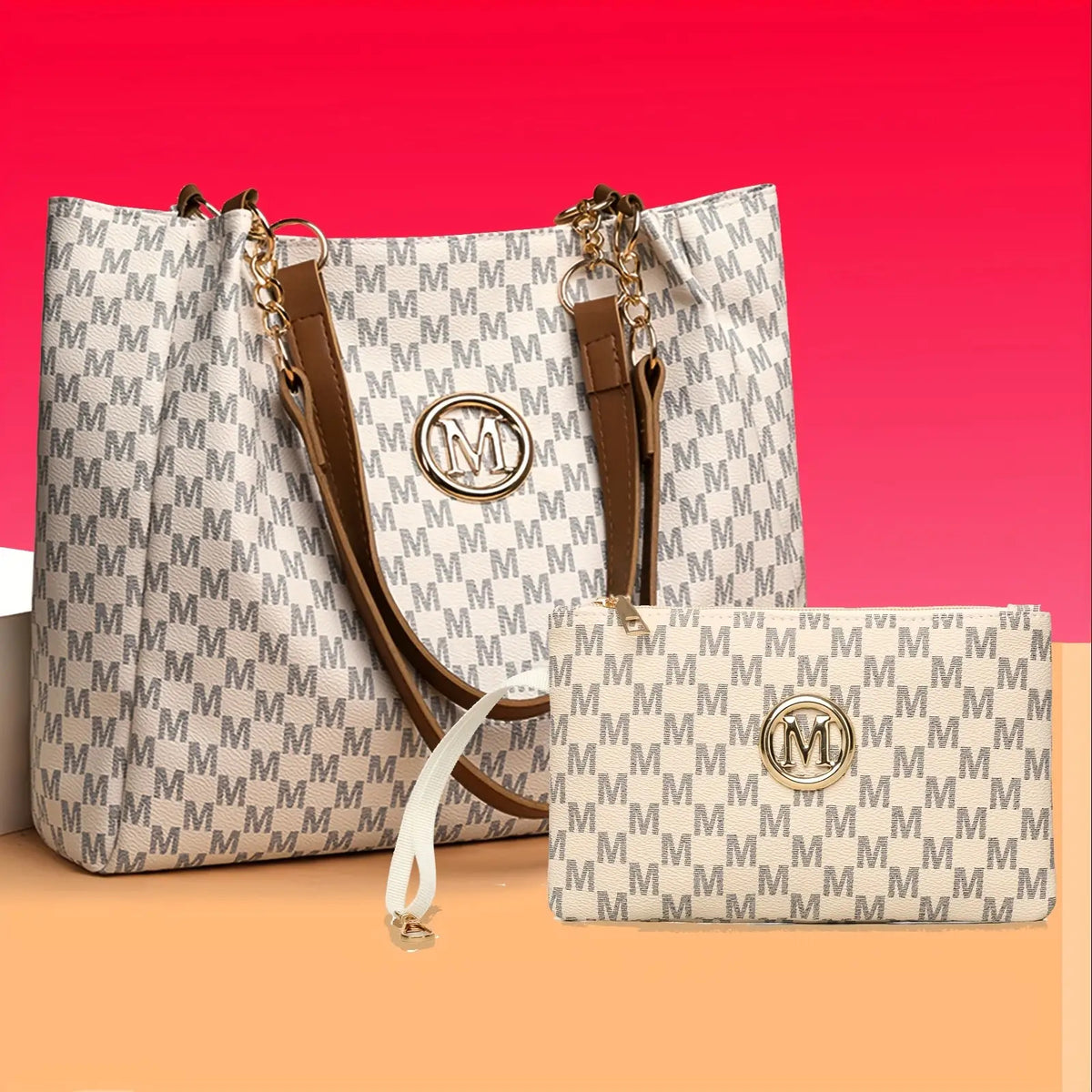 Lotus Print Shoulder Bag Set for Women with M Letter Pattern and M-Shaped Hardware, Listed Two-Piece Fashion Set with Fixed Shoulder Strap in Brown, Black or Beige