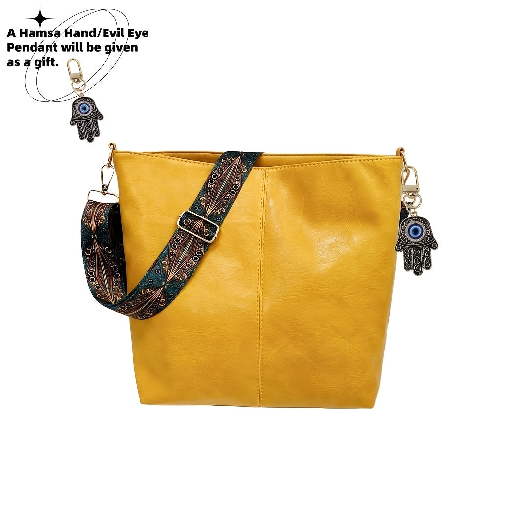 Bohemian Hobo Crossbody Bag for Women with Geometric Strap and Hamsa Hand/Evil Eye Pendant, Large-Capacity Retro Shoulder Handbag in 11 Colors