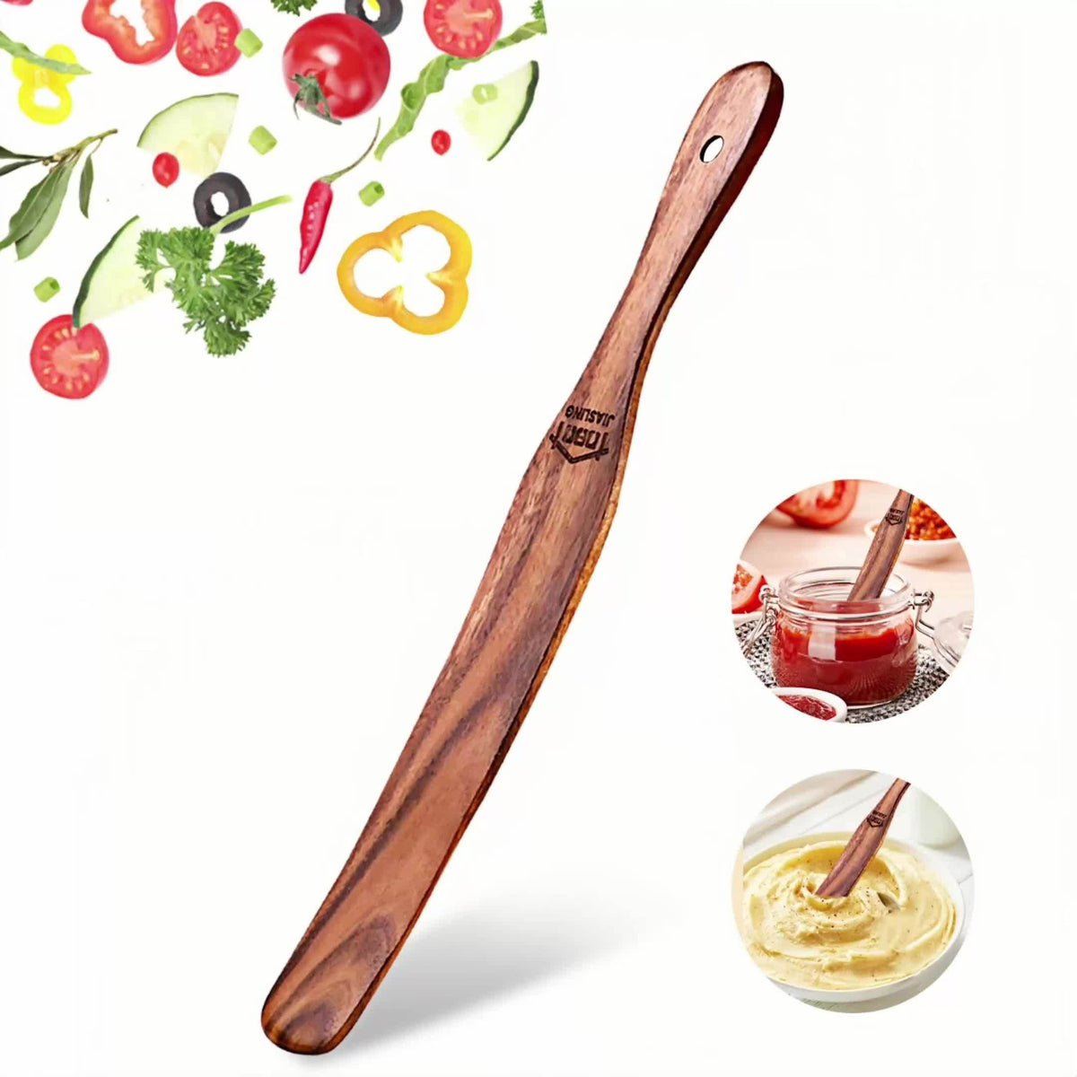 Skinny Wooden Spurtle for Sourdough Mixing and Deep Jars, Ergonomic Kitchen Stirring Spatula in Brown-1 with Single or Two-Piece Quantity Options