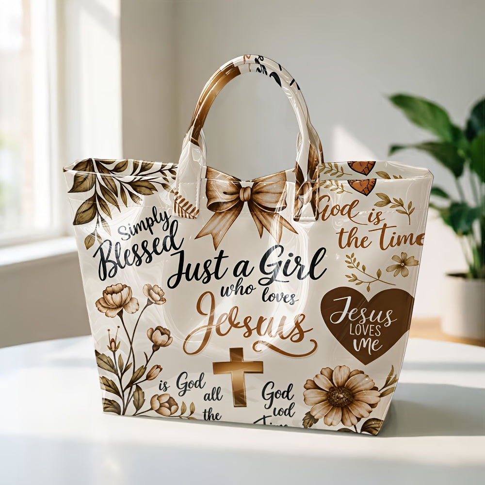Christian Tote Bag with Floral and Cross Design, Faith-Inspired Glossy Shoulder and Top Handle Handbag for Church, Casual Outings and Everyday Carry