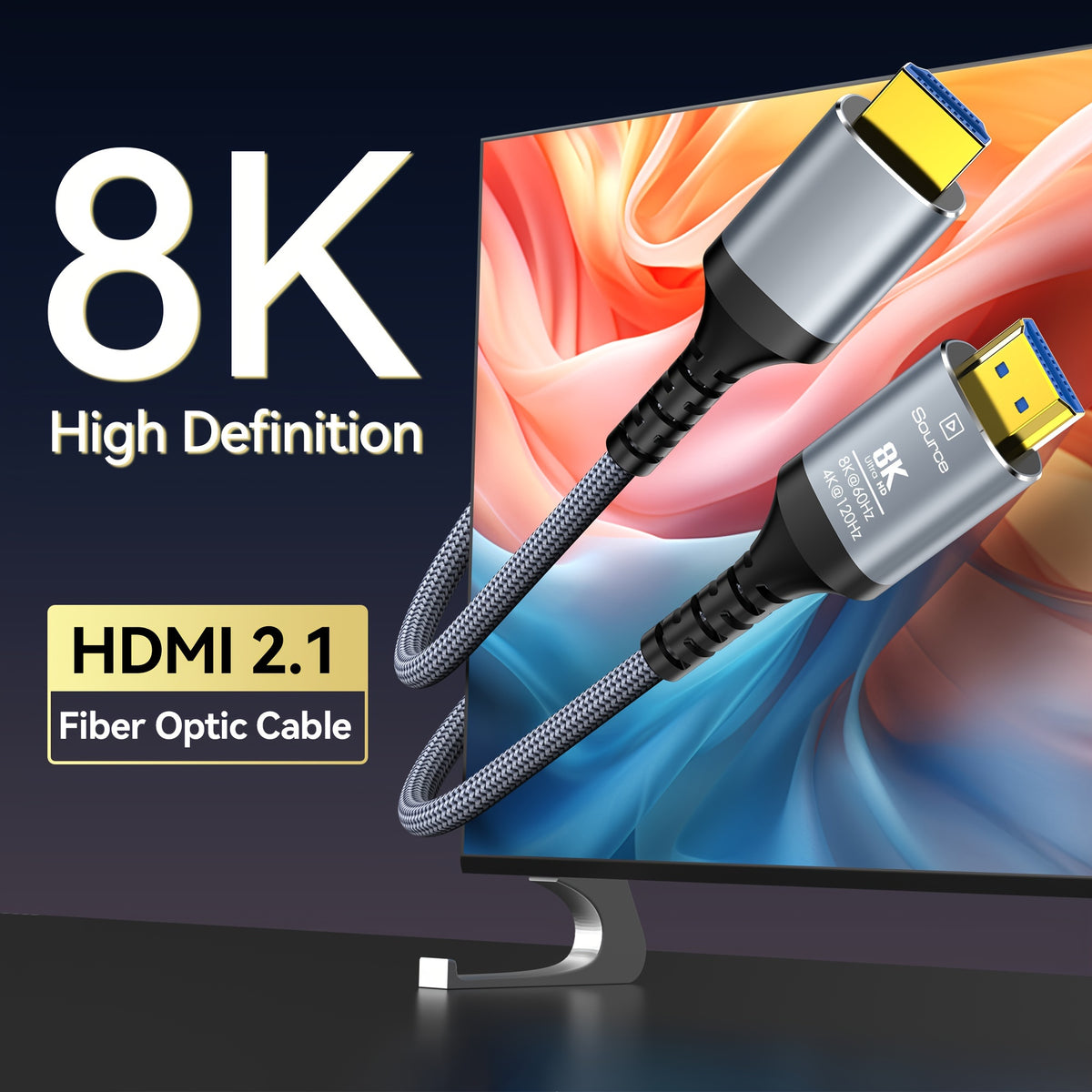 8K Fiber Optic HDTV Cable by MIZIQIER, Directional Gray Braided Cord with Listed 48Gbps, 8K60Hz and 4K120Hz Support, Three Length Options