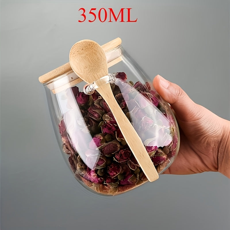 Glass Storage Jar with Spoon, Single Sealed Kitchen Canister in 350ml, 600ml or 1000ml Options for Coffee, Sugar, Tea, Salt, Candy and Spice Organization