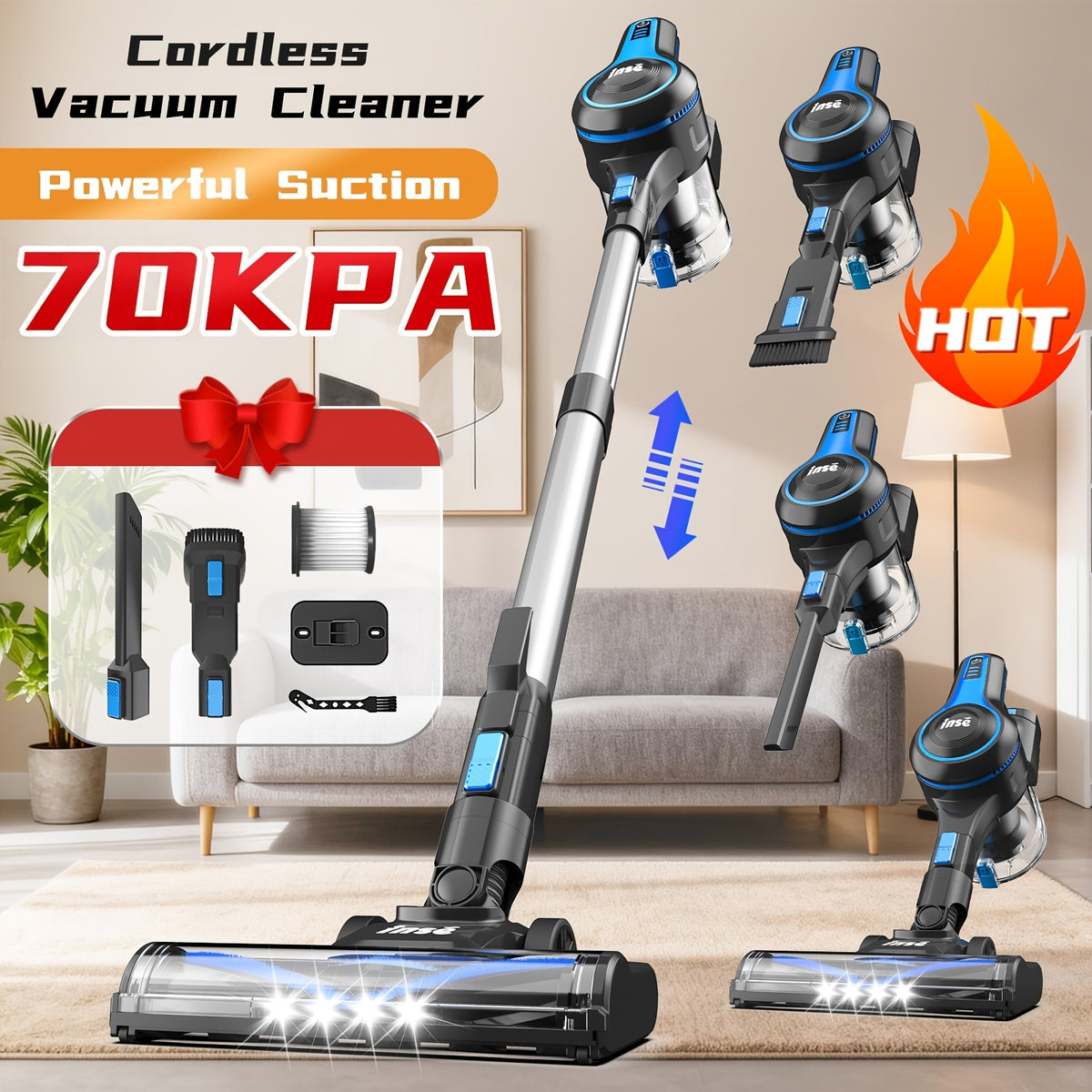 INSE Cordless Vacuum Cleaner, 6-in-1 Rechargeable Home Vacuum with Detachable Battery, LED Brush and 50.5oz Dust Cup for Hardwood, Carpet and Pet Hair