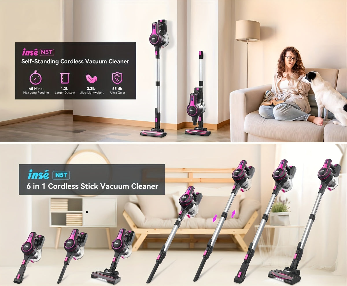 INSE Cordless Vacuum Cleaner, 6-in-1 Rechargeable Home Vacuum with Detachable Battery, LED Brush and 50.5oz Dust Cup for Hardwood, Carpet and Pet Hair