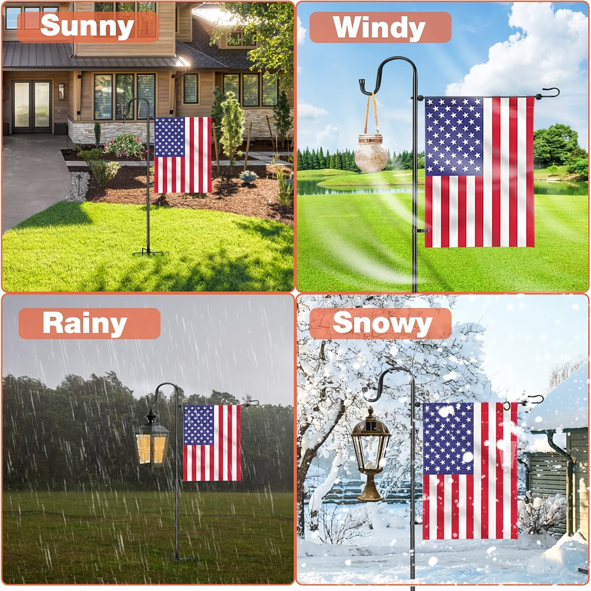 Garden Flag Holder with Clip and 2 Spring Stoppers, Powder-Coated Steel Stand with Shepherd Hooks for 12 x 18 Inch Seasonal Flags and Front Yard Decor