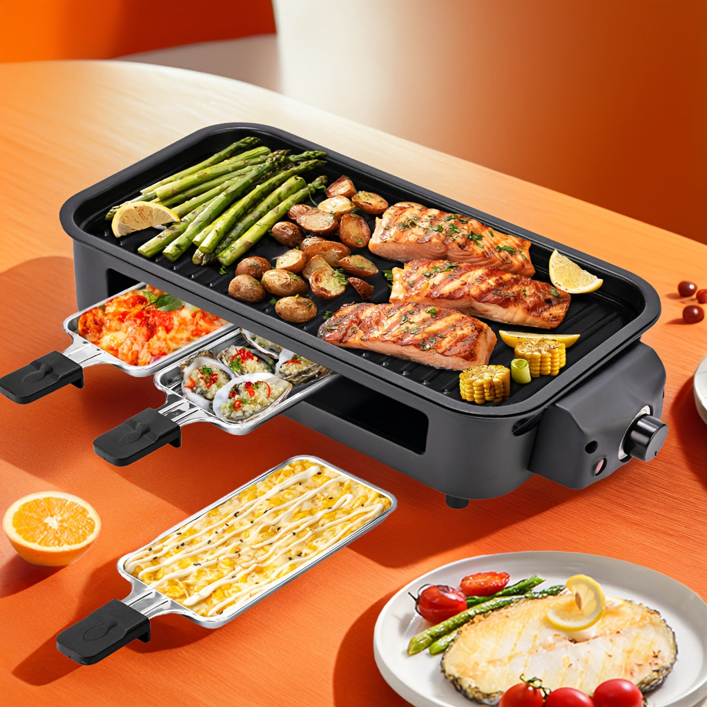 Indoor Raclette Electric Grill, 1500W with 16 x 9 Inch Removable Nonstick Plate and 3 Cheese Pans, Adjustable Temperature for Home Tabletop Cooking