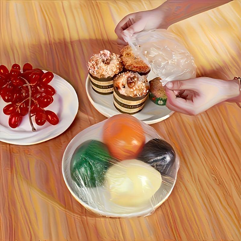 100-Piece Plastic Food Covers for Compatible Bowls, Plates, Fruits and Vegetables, Kitchen Covering Supplies for Everyday Meal Preparation, Picnics and Barbecues
