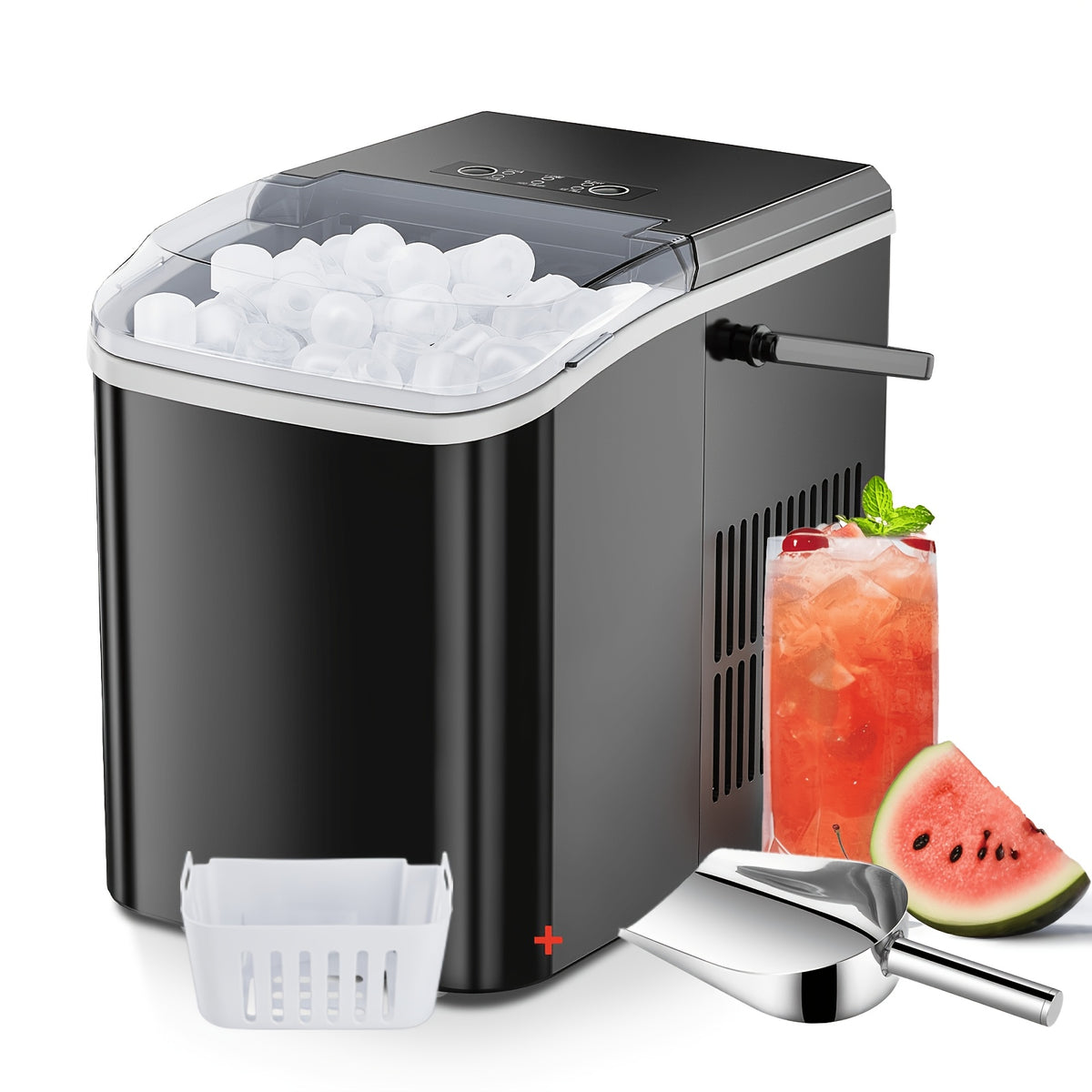 Compact Bullet Ice Maker, 9 Cubes in 6 Minutes and 26.5 lbs Daily Output, Self-Cleaning Ice Machine with Basket and Scoop for Home, Parties and RV Use