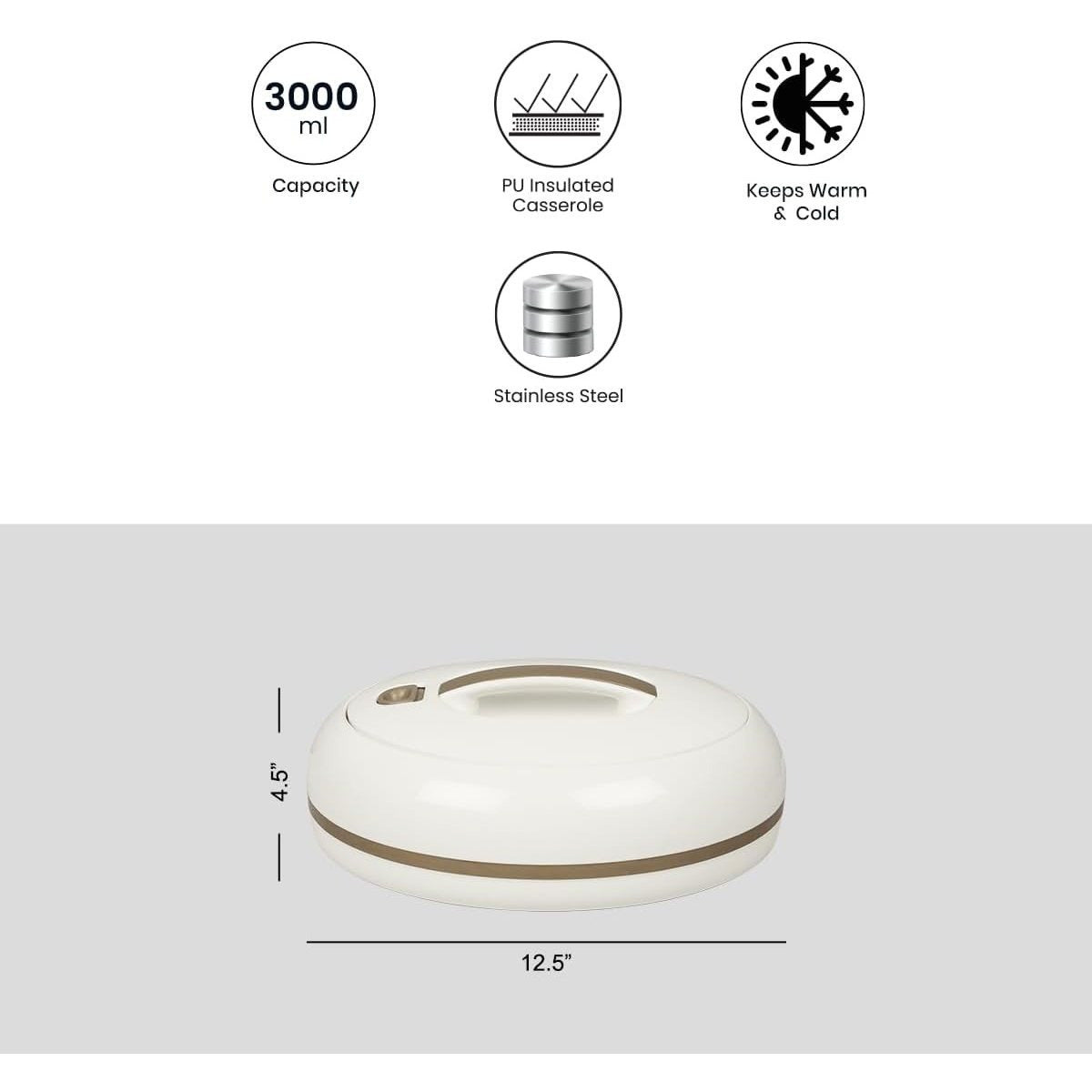 Insulated Serving Bowl with Locking Lid by Pinnacle, 3.15-Quart Oval Stainless Steel Interior Container for Potlucks, Buffet Serving and Family Meals