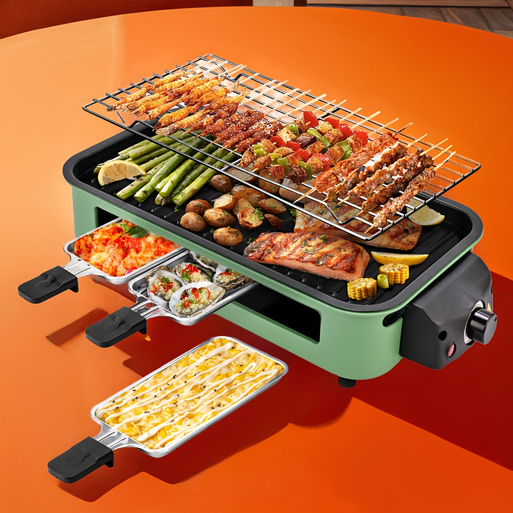 Indoor Raclette Electric Grill, 1500W with 16 x 9 Inch Removable Nonstick Plate and 3 Cheese Pans, Adjustable Temperature for Home Tabletop Cooking