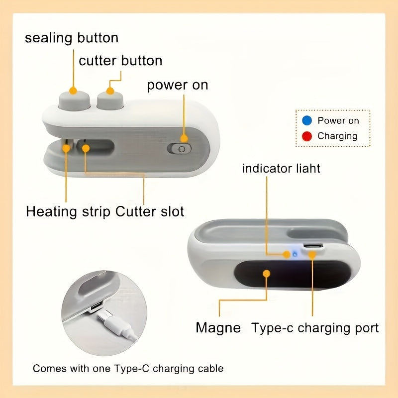 USB Rechargeable Food Bag Sealer with Listed Magnetic Design, White or Blue Handheld Mini Kitchen Tool for Compatible Snack, Chip and Coffee Packaging at Home or on Trips