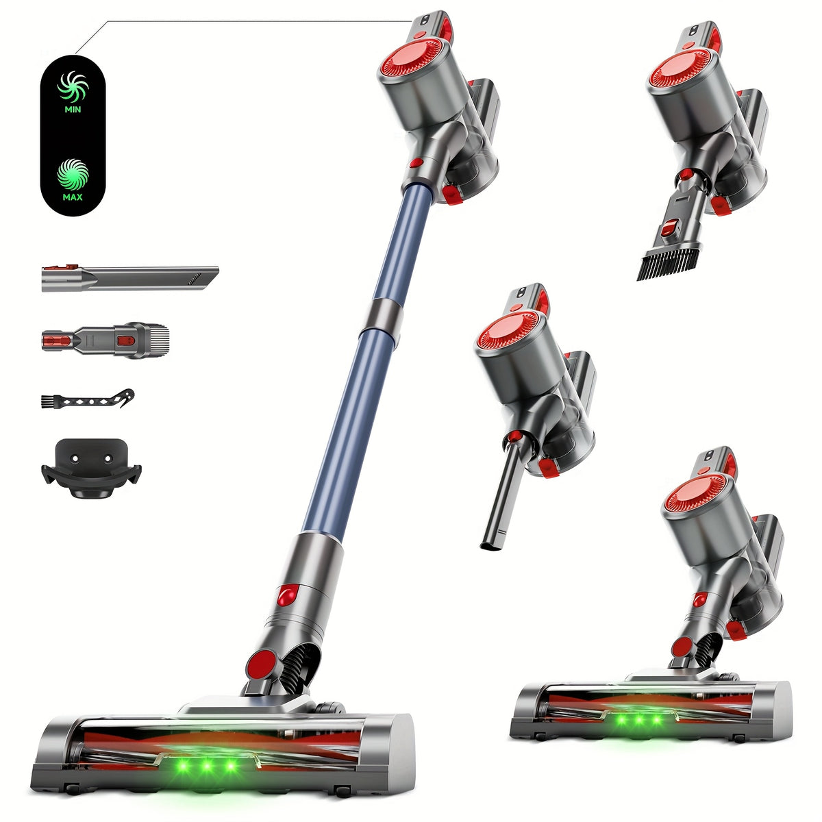 Green LED Vacuum Cleaner with Listed Anti-Tangle Brush, Removable Battery and Multiple Suction Levels, Eight Color Options for Home Floor and Pet Hair Cleanup