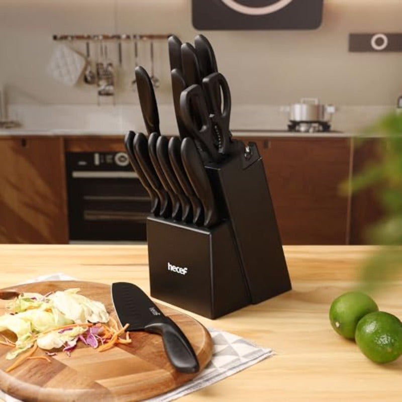 Nonstick Kitchen Knife Set with Stainless Steel Blades, Listed 15-Piece Collection with Wooden Block, Scissors and Lightweight Handles for Home Meal Prep