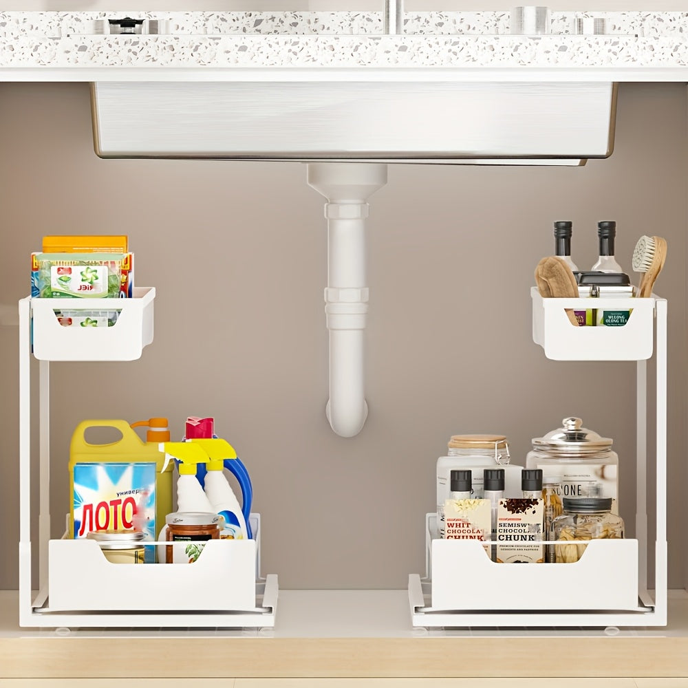 Two-Tier Sliding Under Sink Organizer for Kitchen and Bathroom Cabinets, Metal Pull-Out Storage Rack in Black, White or Gray with Single and Two-Pack Options