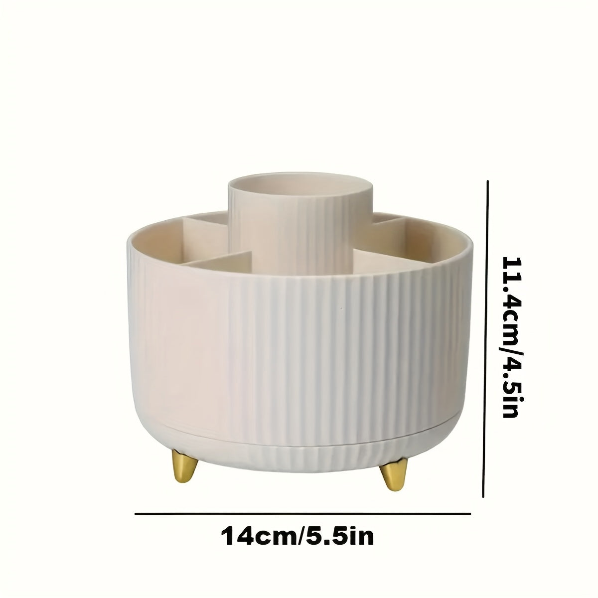 Rotating Makeup Organizer with Five Compartments, 360-Degree Plastic Cosmetic Brush and Lipstick Holder with Stripe Design for Vanity Storage and Desk Stationery
