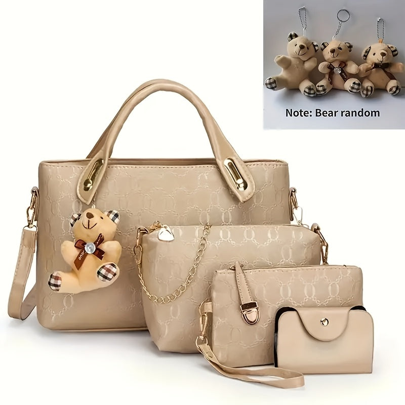 Women's Four-Piece Handbag Set with Random-Style Bear Pendant Reference, Black, Beige, Golden or Deep Blue Options for Daily Commuting and Casual Outings