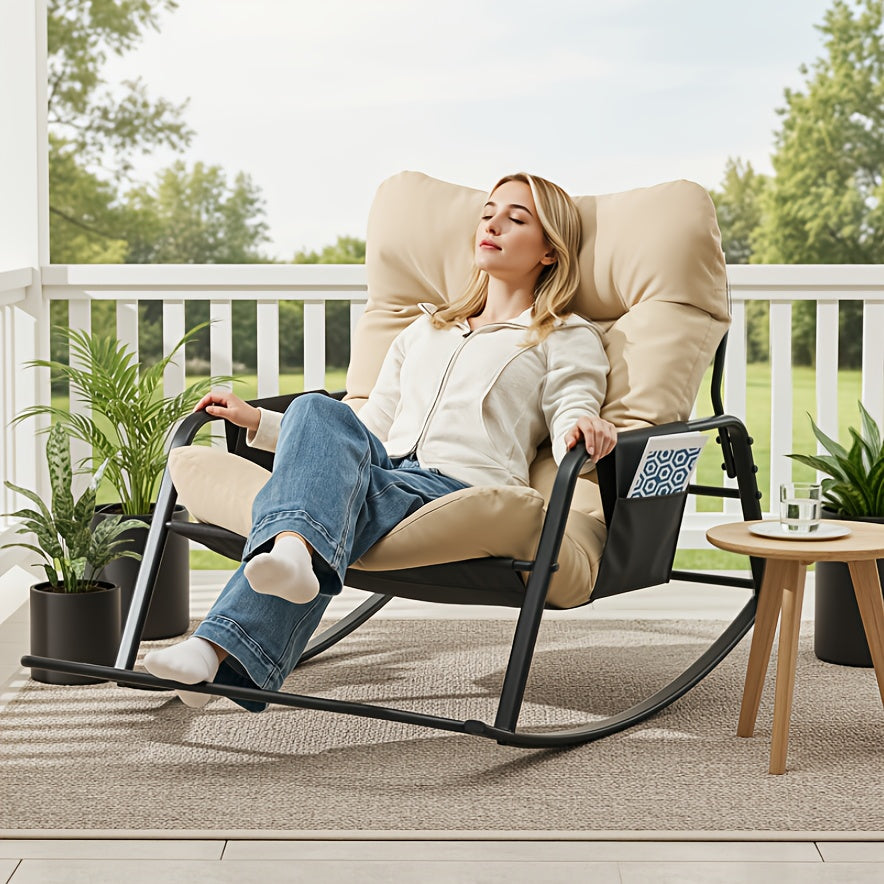 Patio Rocking Chair with Cushion in Papasan Egg Style, Grey, Beige, Khaki or Black with One or Two-Piece Options for Deck Lounging and Garden Reading