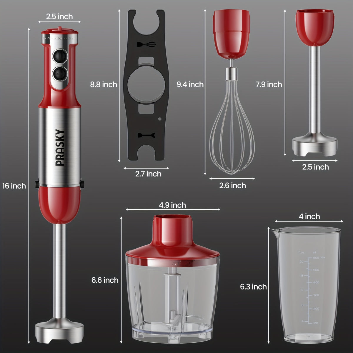 Immersion Blender Set with 5-in-1 Handheld Design, Whisk, Measuring Cups and Meat Chopper Attachments for Everyday Kitchen Prep in Red or Black