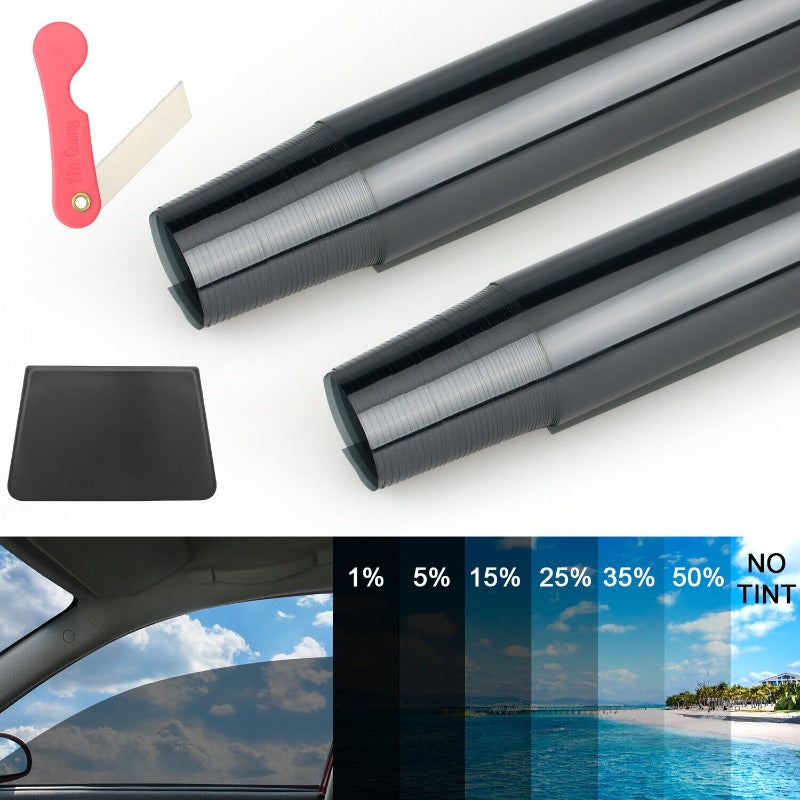 Black PET Car Window Tint Film with Six Percentage Model Labels, Listed 9.8-Foot by 20-Inch Roll with Scraper and Knife for Compatible Glass Projects