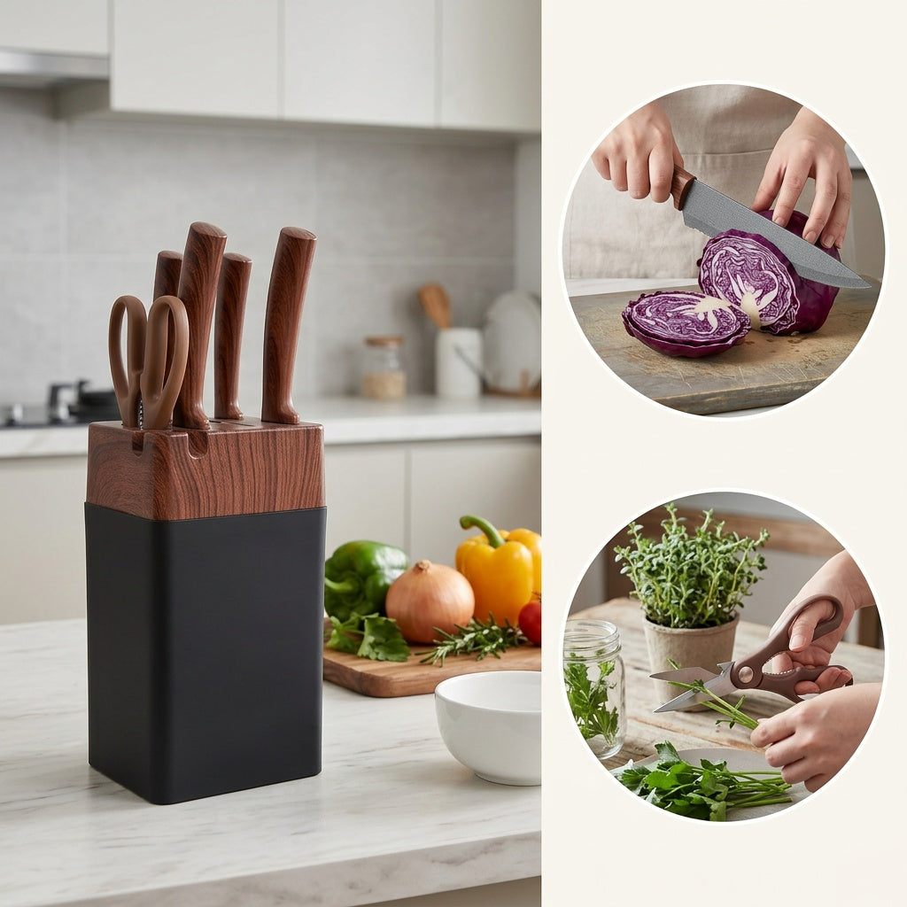 Kitchen Knife and Rack Set, Seven-Piece Collection with Chef, Bread, Replaceable Blade, Multipurpose and Fruit Knives plus Scissors for Home Meal Preparation