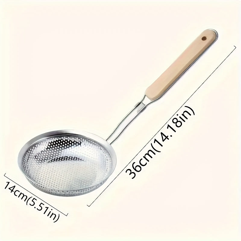 Wooden Handle Fine Mesh Strainer, Single Stainless Steel Kitchen Colander for Pasta and Vegetable Draining, Everyday Food Preparation at Home or Restaurants