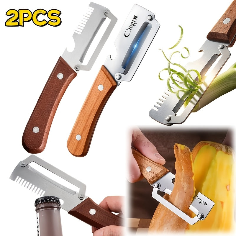 Wooden Handle Vegetable Peeler Set, Two-Piece Stainless Steel Blade Kitchen Tools with Listed Bottle Opener Function for Potatoes, Apples and Zucchini