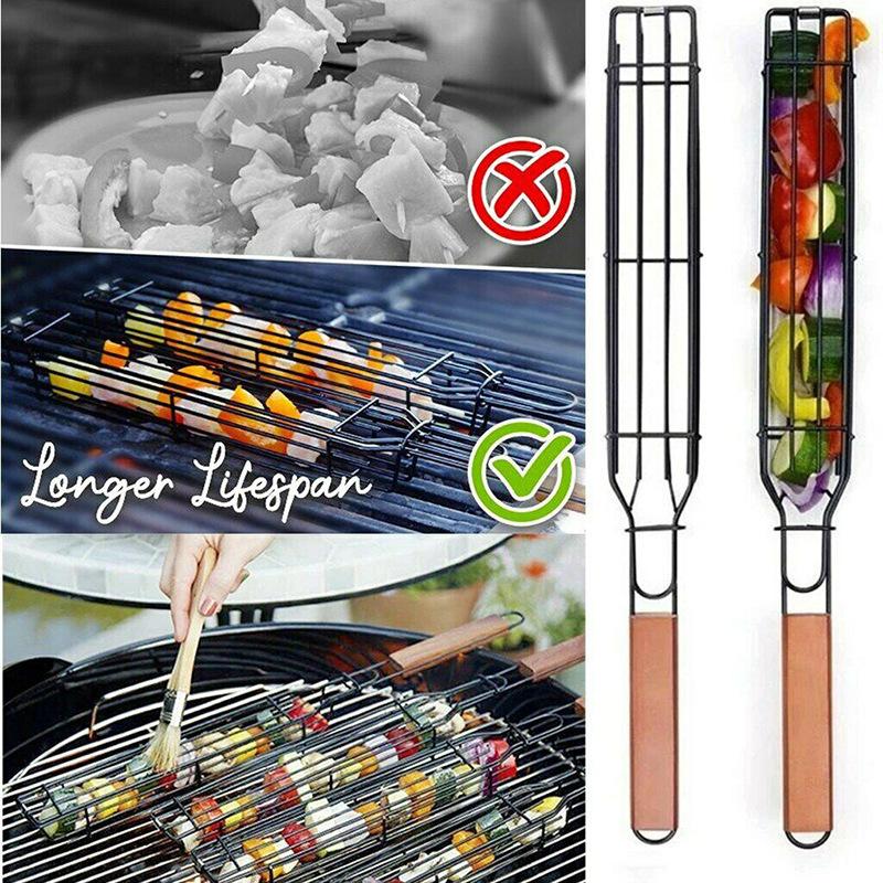 BBQ Grill Basket in Black Stainless Steel, One-Piece Outdoor Cooking Accessory for Compatible Backyard Barbecues, Camping Cookouts and Grill Meal Preparation