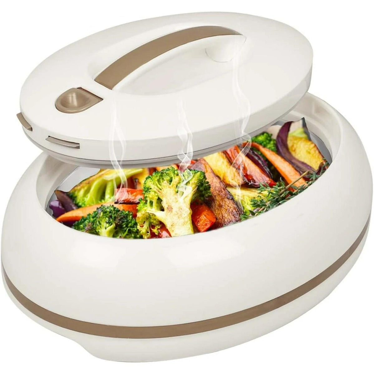 Insulated Serving Bowl with Locking Lid by Pinnacle, 3.15-Quart Oval Stainless Steel Interior Container for Potlucks, Buffet Serving and Family Meals