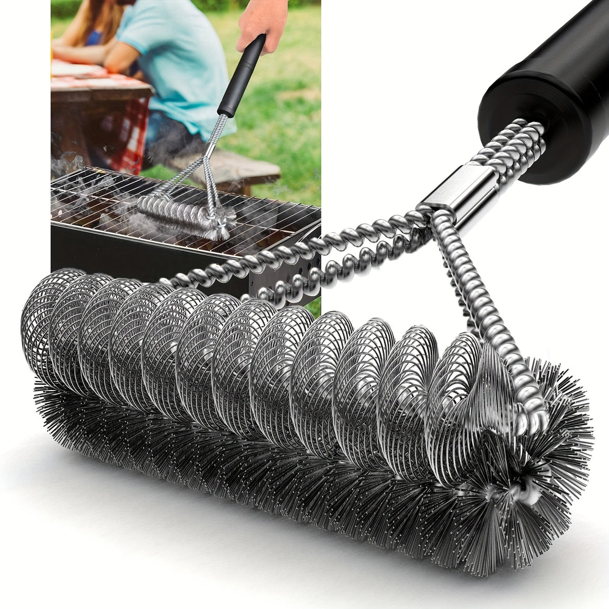 Double Sided Grill Brush with Stainless Steel Cleaning Design and Handle, Silvery BBQ Care Tool for Compatible Grates and Backyard Barbecue Cleanup