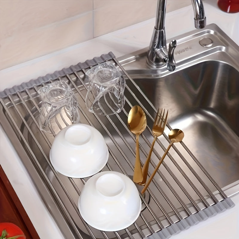 Roll-Up Dish Drying Rack, Stainless Steel Over-the-Sink Draining Mat in Black or Gray, Single-Piece Rollable Kitchen Rack for Tableware and Fruit