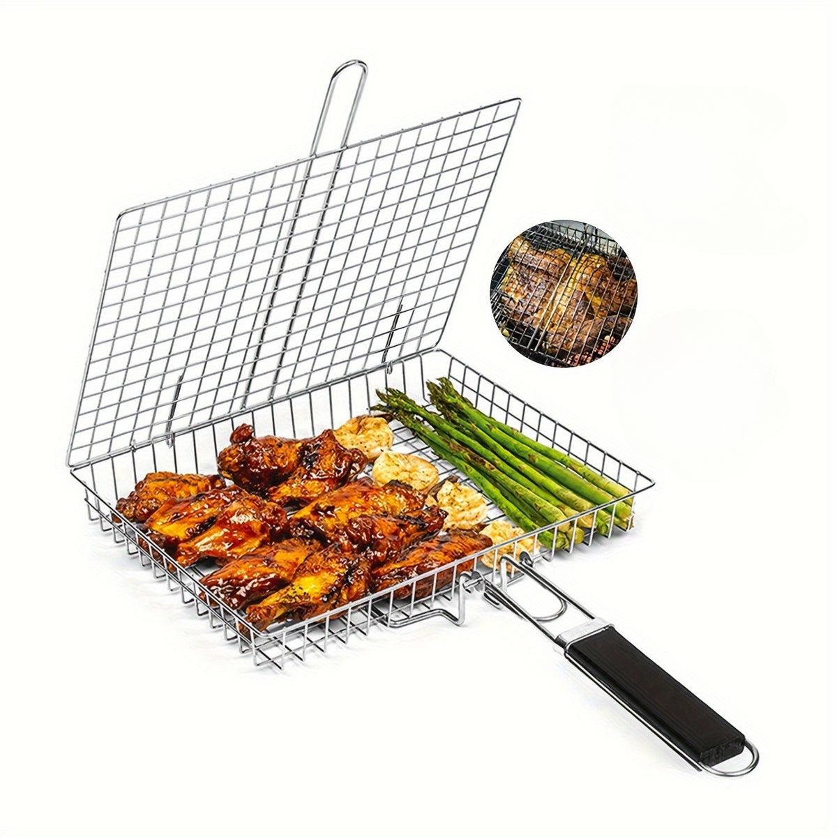 Barbecue Turning Basket for Meat, Steak, Shrimp and Vegetables, Single Metal Grill Accessory for Backyard Cookouts, Picnic Meals and Camping Cooking