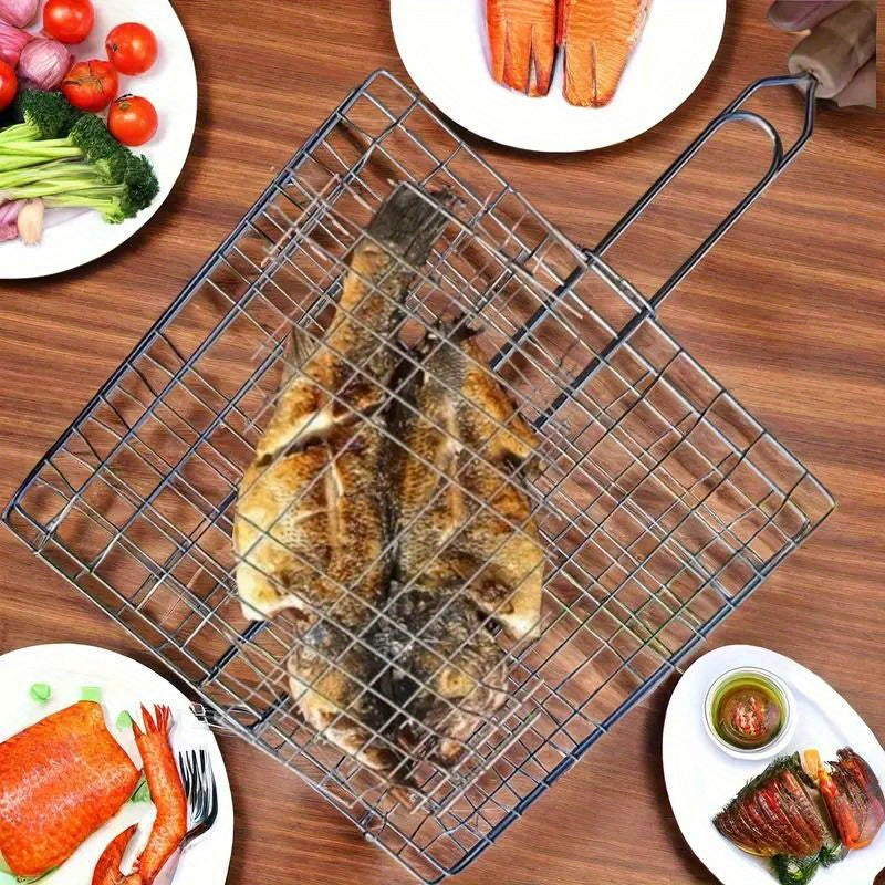 Barbecue Turning Basket for Meat, Steak, Shrimp and Vegetables, Single Metal Grill Accessory for Backyard Cookouts, Picnic Meals and Camping Cooking