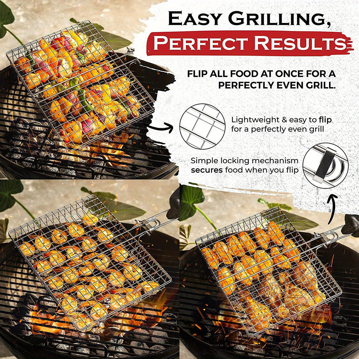 Barbecue Turning Basket for Meat, Steak, Shrimp and Vegetables, Single Metal Grill Accessory for Backyard Cookouts, Picnic Meals and Camping Cooking