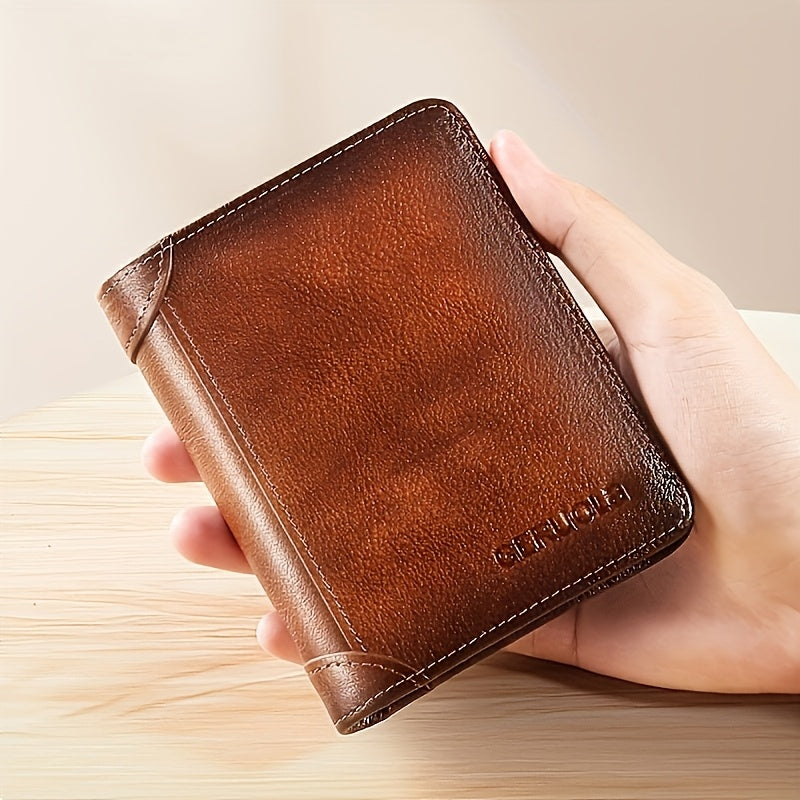 RFID Blocking Leather Wallet for Men with Listed Two ID Windows and Vintage Short Design, Yellow Brown, Grey Blue and Black Bifold Style Options