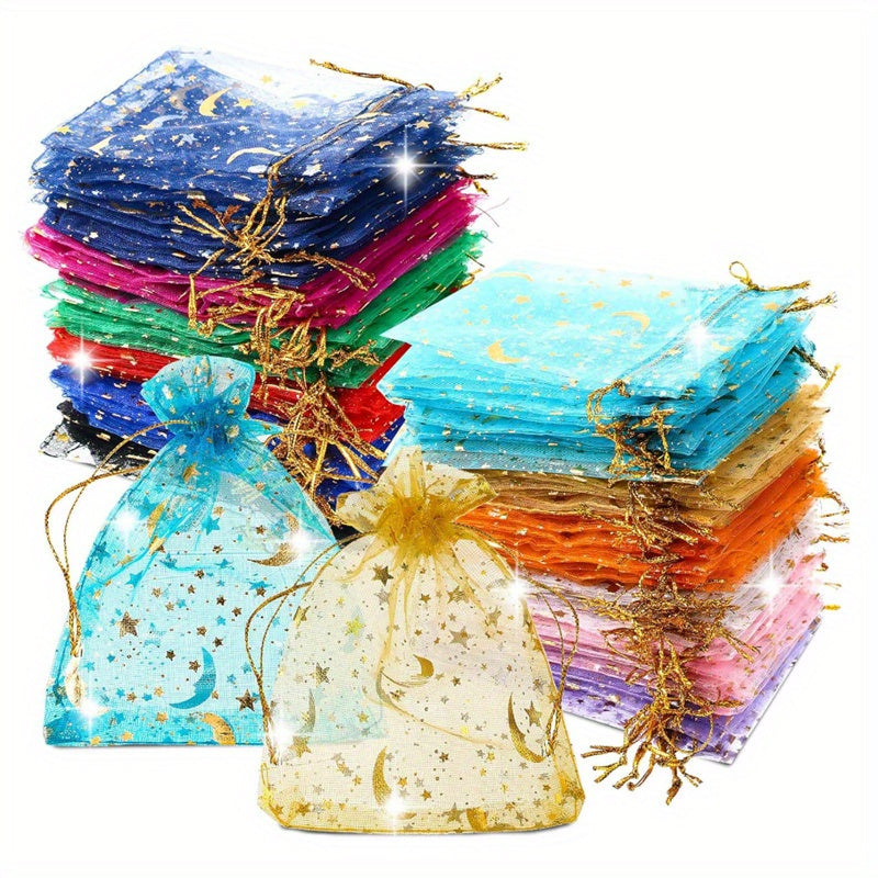 Organza Gift Bags 100-Pack with Moon and Star Design, 2.8 x 3.5 Inch Mixed Color Drawstring Pouches for Wedding Favors, Jewelry and Holiday Parties