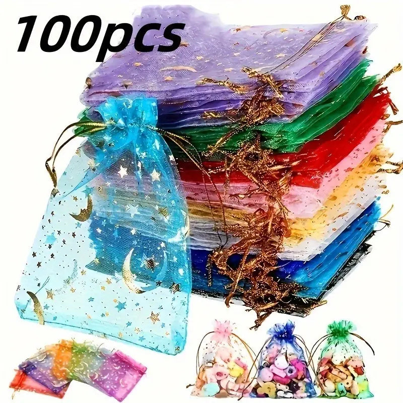 Organza Gift Bags 100-Pack with Moon and Star Design, 2.8 x 3.5 Inch Mixed Color Drawstring Pouches for Wedding Favors, Jewelry and Holiday Parties
