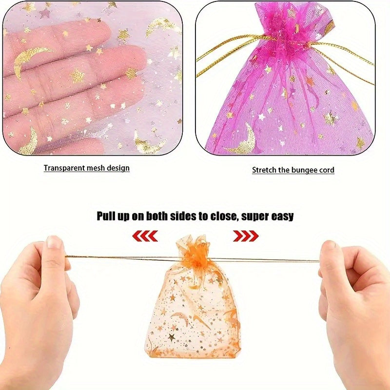 Organza Gift Bags 100-Pack with Moon and Star Design, 2.8 x 3.5 Inch Mixed Color Drawstring Pouches for Wedding Favors, Jewelry and Holiday Parties