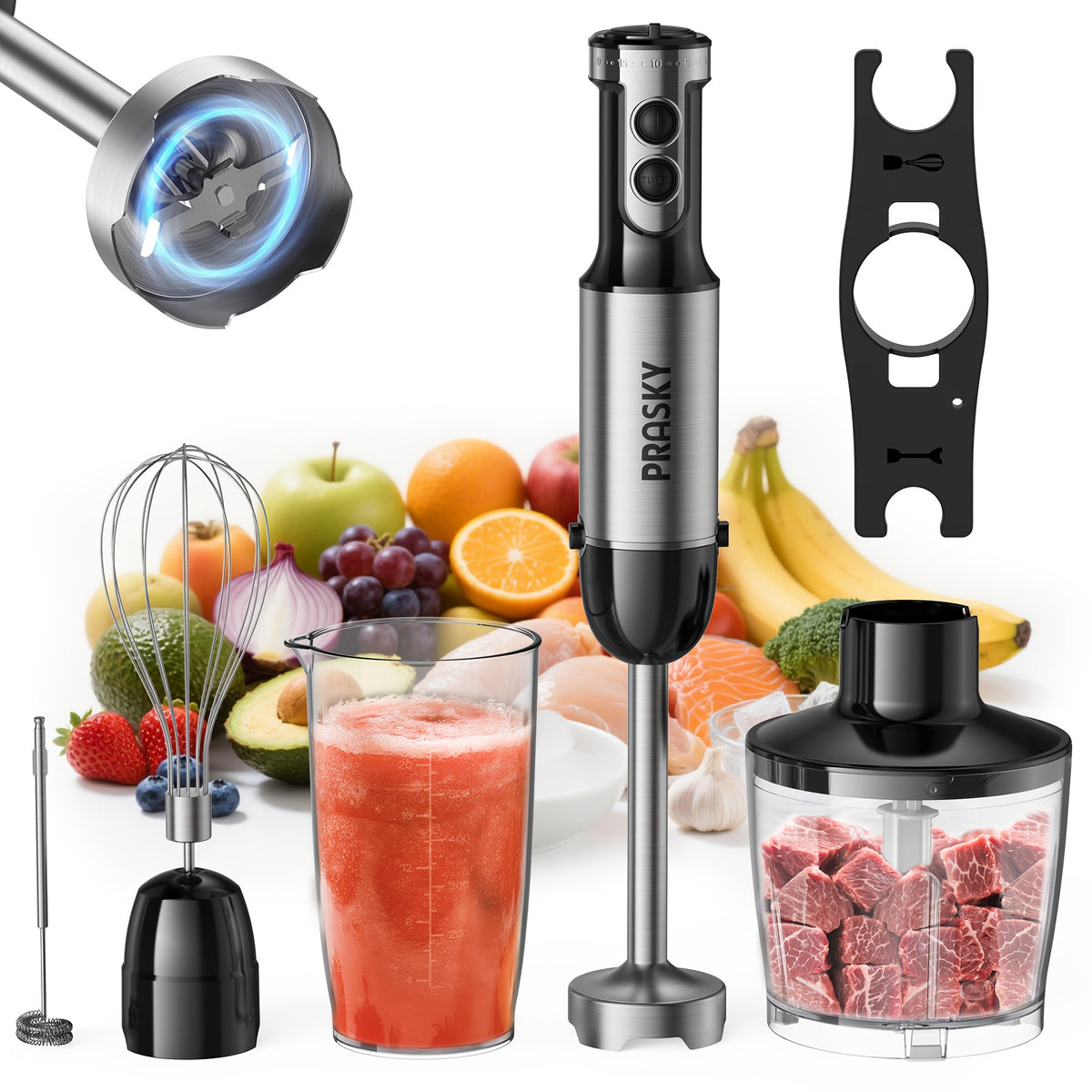Immersion Blender Set with 5-in-1 Handheld Design, Whisk, Measuring Cups and Meat Chopper Attachments for Everyday Kitchen Prep in Red or Black