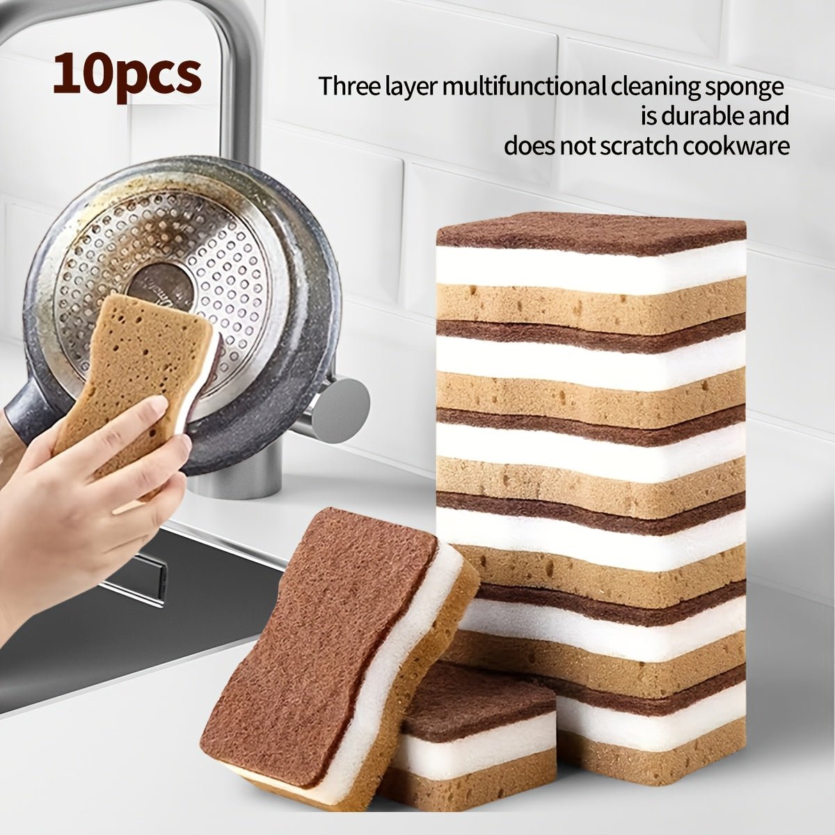 Three-Layer Dishwashing Sponges with Seaweed Waist Sponge Labels, 5, 10, 20 or 40-Piece Packs for Compatible Dishes and Everyday Kitchen Surface Cleaning