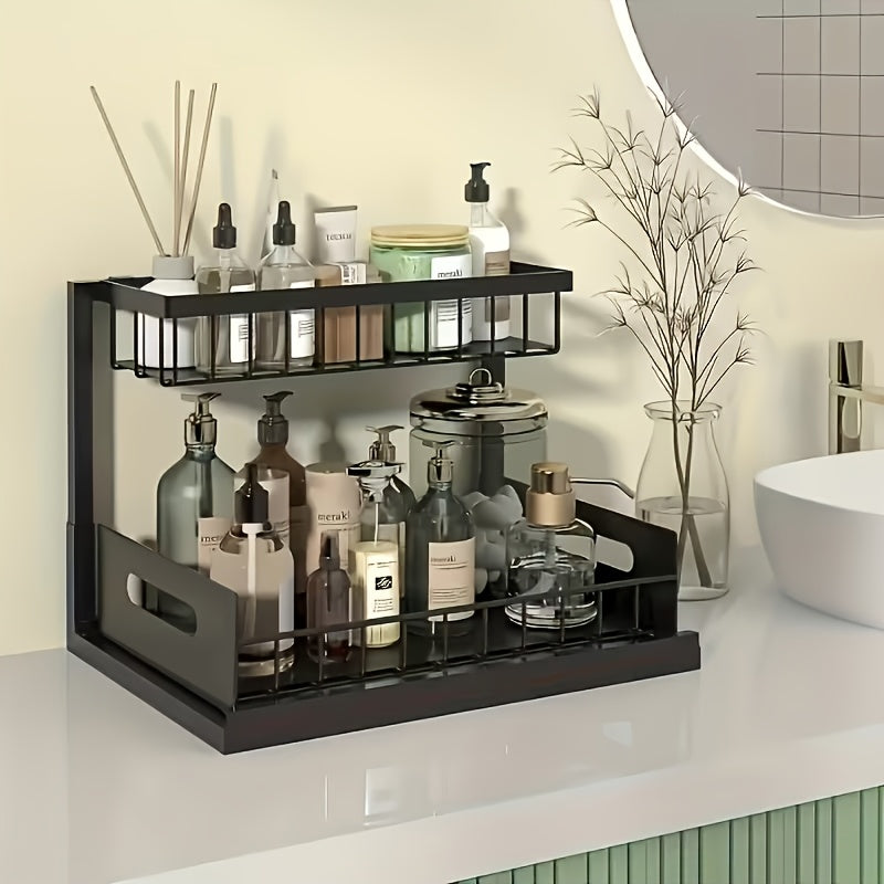 Under Sink Organizer in Black with 2-Tier Slide-Out Storage, Pull-Out Cabinet Shelf for Kitchen and Bathroom Essentials, Single or Two-Pack Options