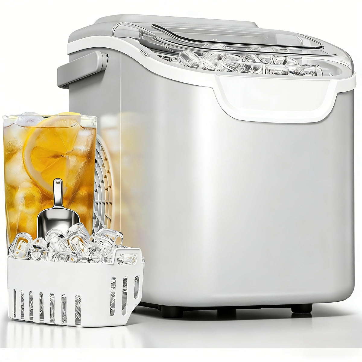 Selectable-Size Countertop Ice Maker with 26lb Daily Output Reference, Self-Cleaning Function, Interior Light, Basket and Scoop in White, Grey or Black-1