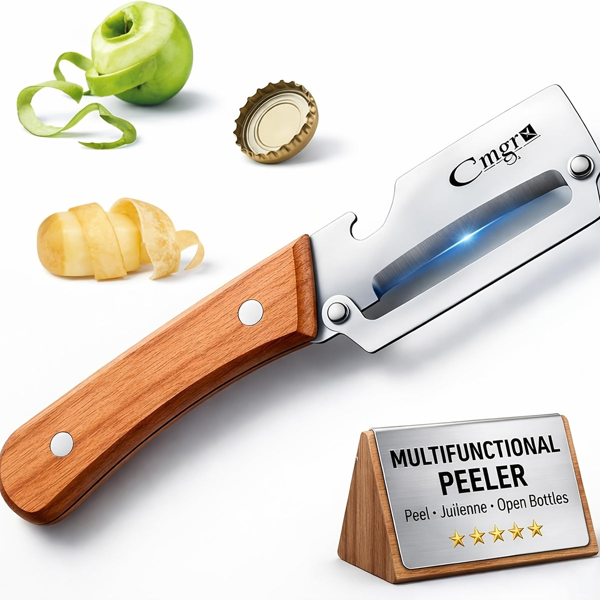 Wooden Handle Vegetable Peeler Set, Two-Piece Stainless Steel Blade Kitchen Tools with Listed Bottle Opener Function for Potatoes, Apples and Zucchini