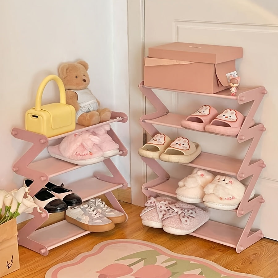 Z-Shaped Shoe Rack with Listed Four-Tier Design and Tool-Free Assembly, Metal Tubes and Plastic Connectors in Five Color and Model Options for Dorm Storage