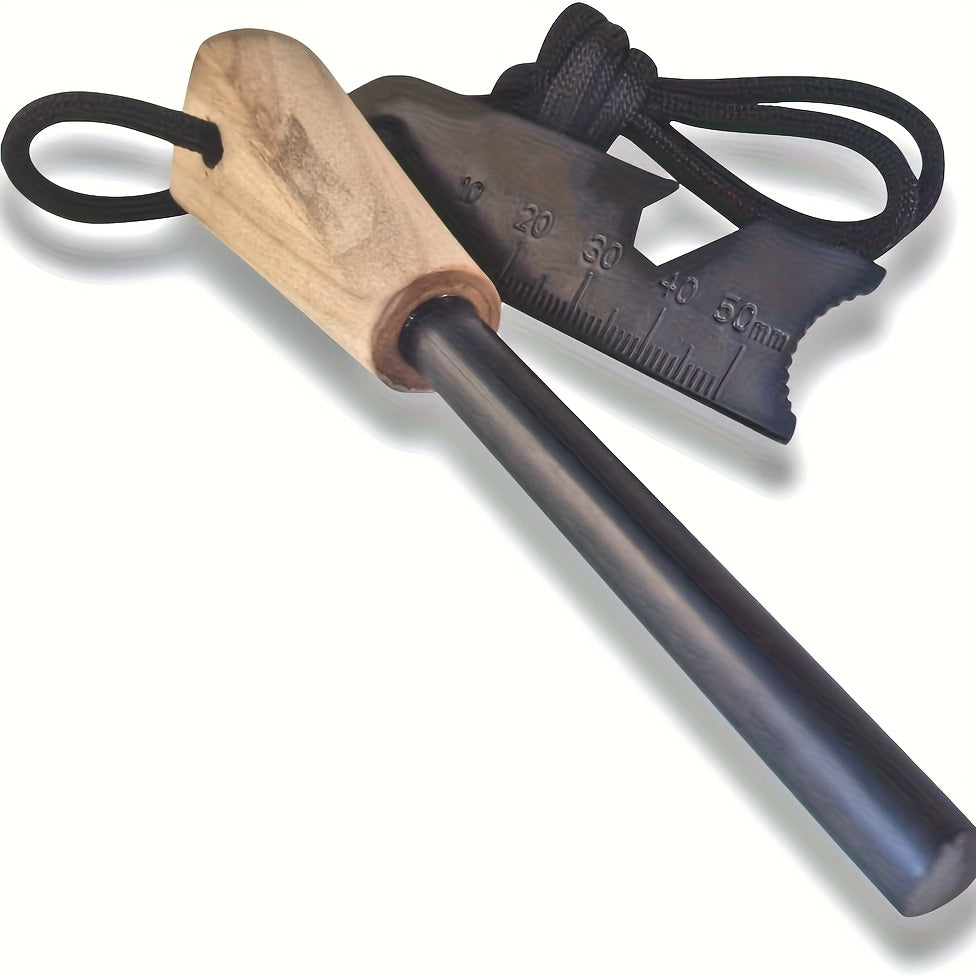 Magnesium Fire Starter with Wooden Handle, Black Outdoor Spark Tool for Adult Camping, Hiking and Prepared Tinder Ignition at Permitted Campfire and BBQ Sites