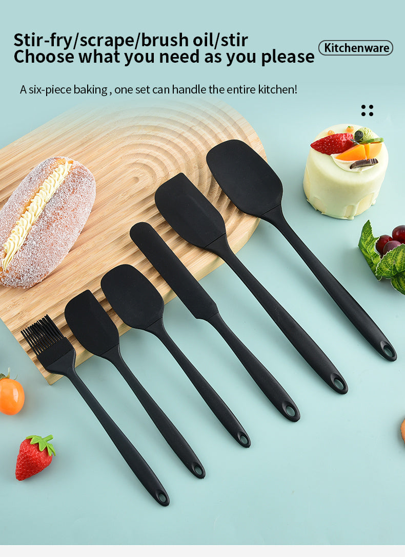 Silicone Baking Utensil Set, Six-Piece Kitchen Tool Selection with Scraper, Spatula and Oil Brush References in Red, Green, Black, Pink or Blue for Cake Preparation