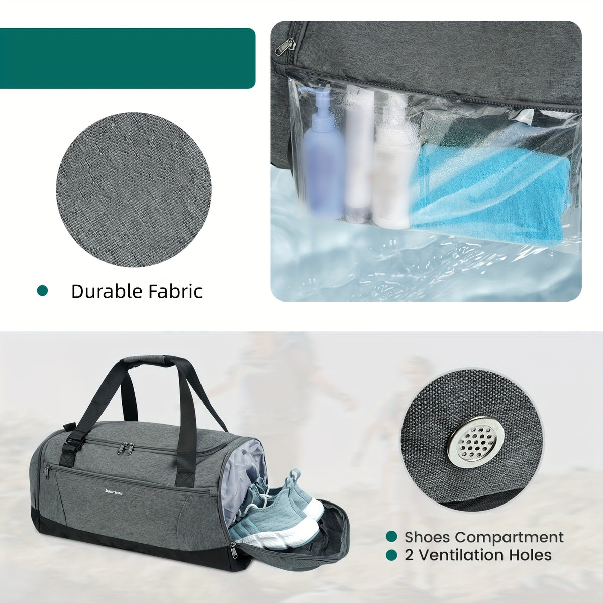 Travel Duffel Bag with Shoe Compartment and Wet Pocket, Adjustable Shoulder Strap and Bottle Holders for Men and Women, Gym and Weekend Trip Carry
