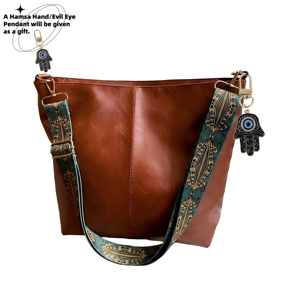 Bohemian Hobo Crossbody Bag for Women with Geometric Strap and Hamsa Hand/Evil Eye Pendant, Large-Capacity Retro Shoulder Handbag in 11 Colors