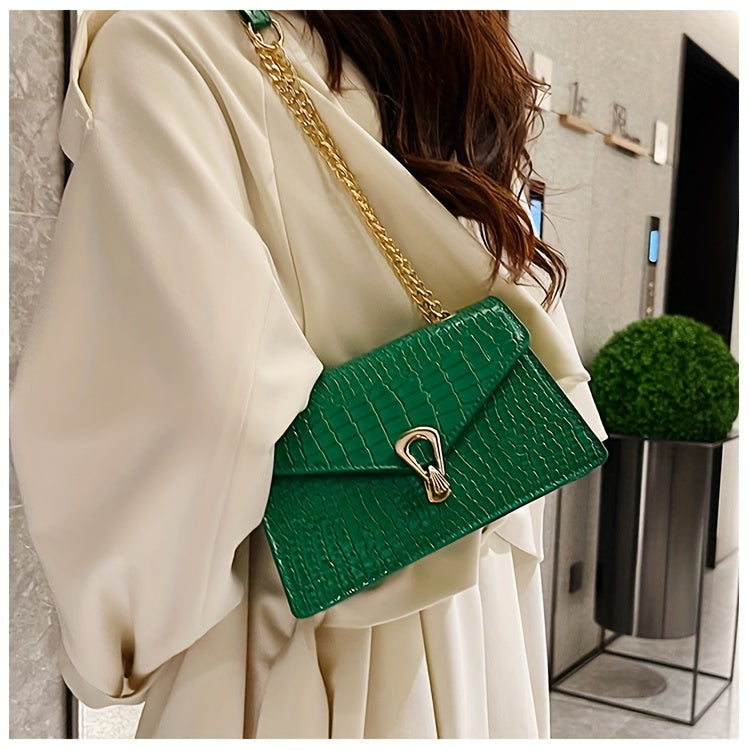 Reptile-Pattern Crossbody Bag for Women with Chain Strap Styling and Gold-Tone Hardware, White, Green or Rose Red Shoulder Purse for Casual and Evening Outfits