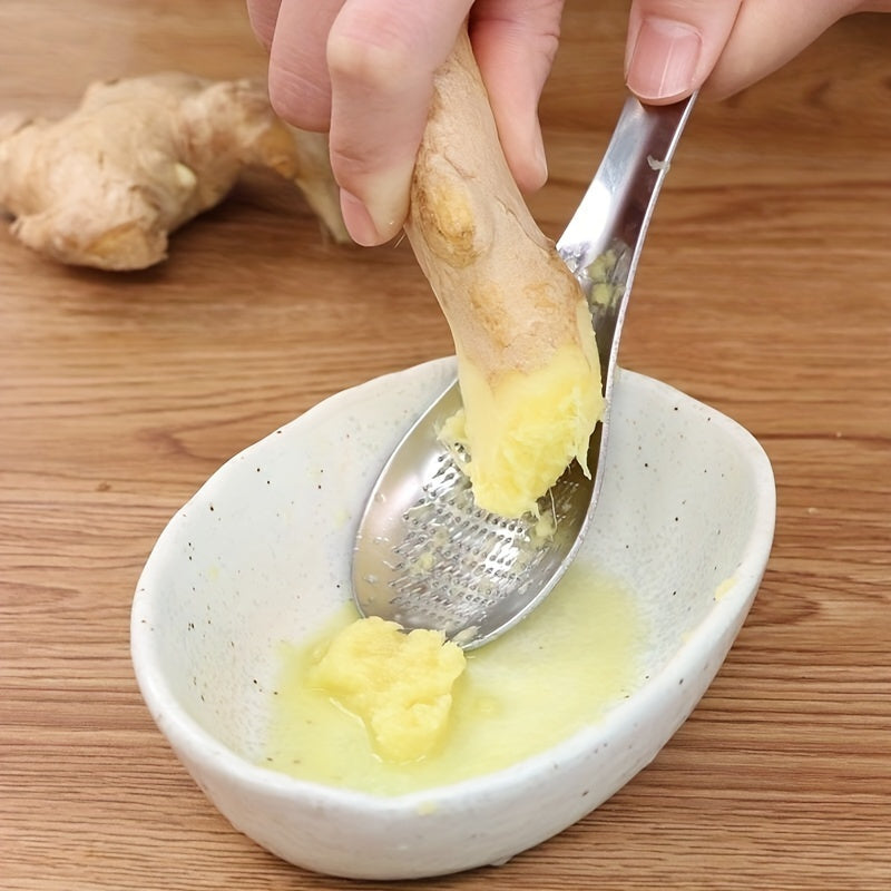 Ginger Grater Spoon, One-Piece Stainless Steel Manual Garlic Masher and Ginger Preparation Tool for Homemade Sauces, Dressings and Everyday Cooking