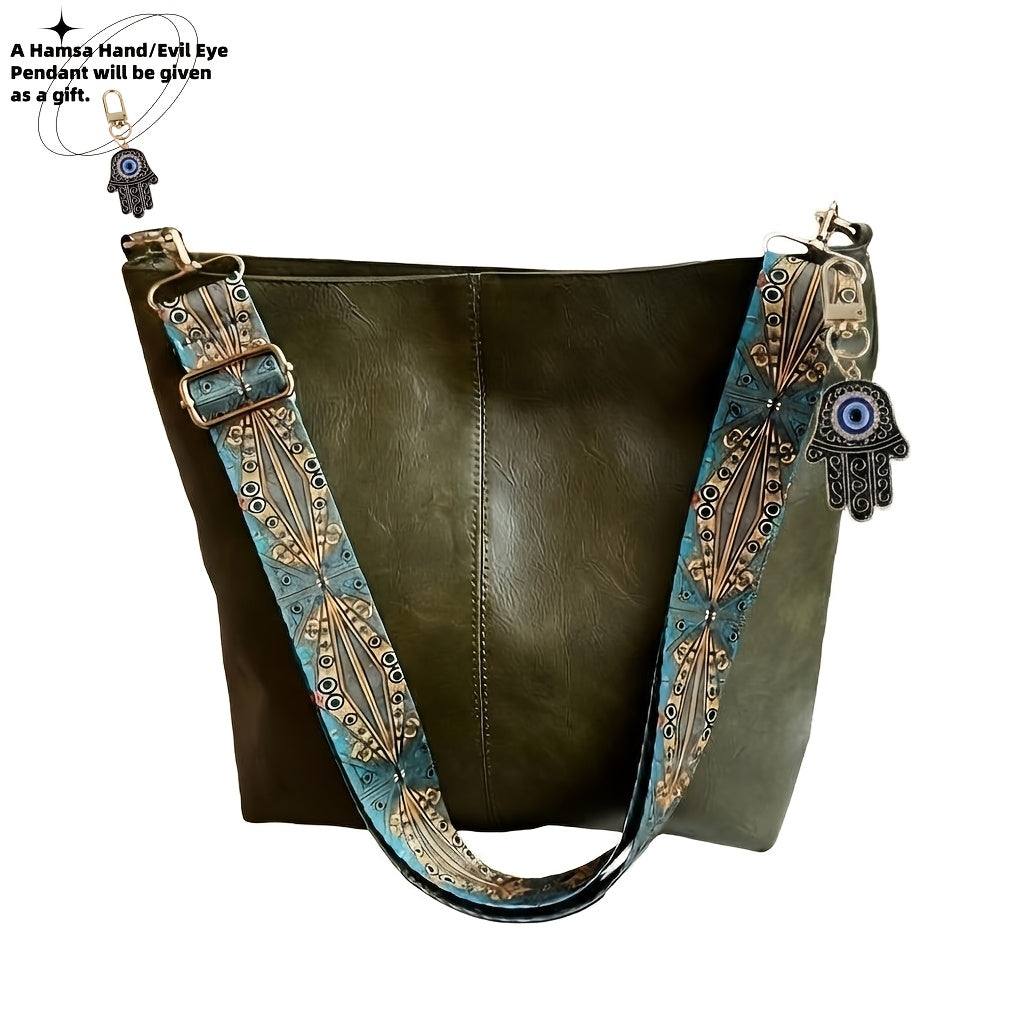 Bohemian Hobo Crossbody Bag for Women with Geometric Strap and Hamsa Hand/Evil Eye Pendant, Large-Capacity Retro Shoulder Handbag in 11 Colors